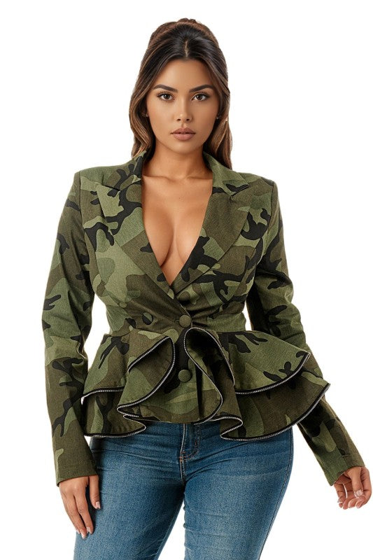 Zipper Peplum Camo Jacket