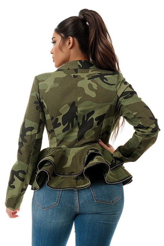 Zipper Peplum Camo Jacket