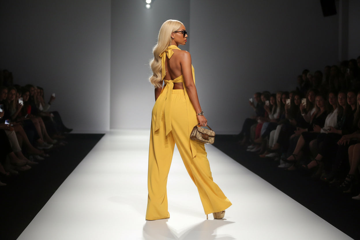 Woman walking down catwalk on yellow pant set with open back