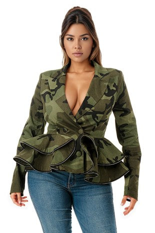 Zipper Peplum Camo Jacket