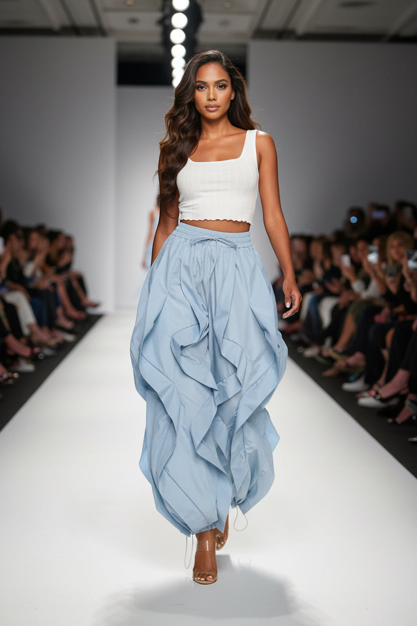 Woman wearing a white top and light blue ruffled pants on a white background