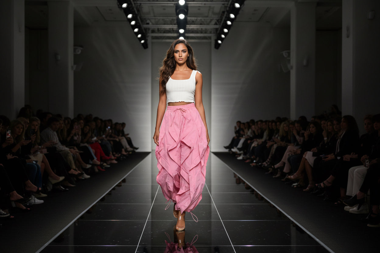 Woman wearing a white top and pink wide-leg pants on a plain background